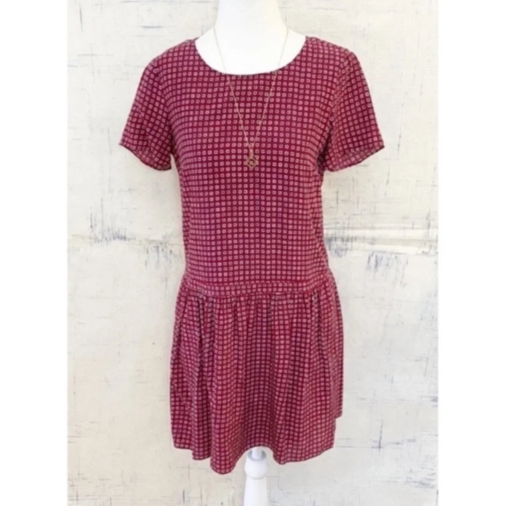 Madewell Silk Red Checked Short Sleeve Drop Waist Dress size 4 - Picture 2 of 7